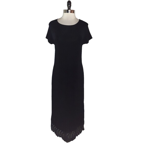 CHICO'S Sz 2 12 14 L Dress Black Short Sleeve Lace Hem Midi Stretch Slinky Knit - Picture 1 of 4
